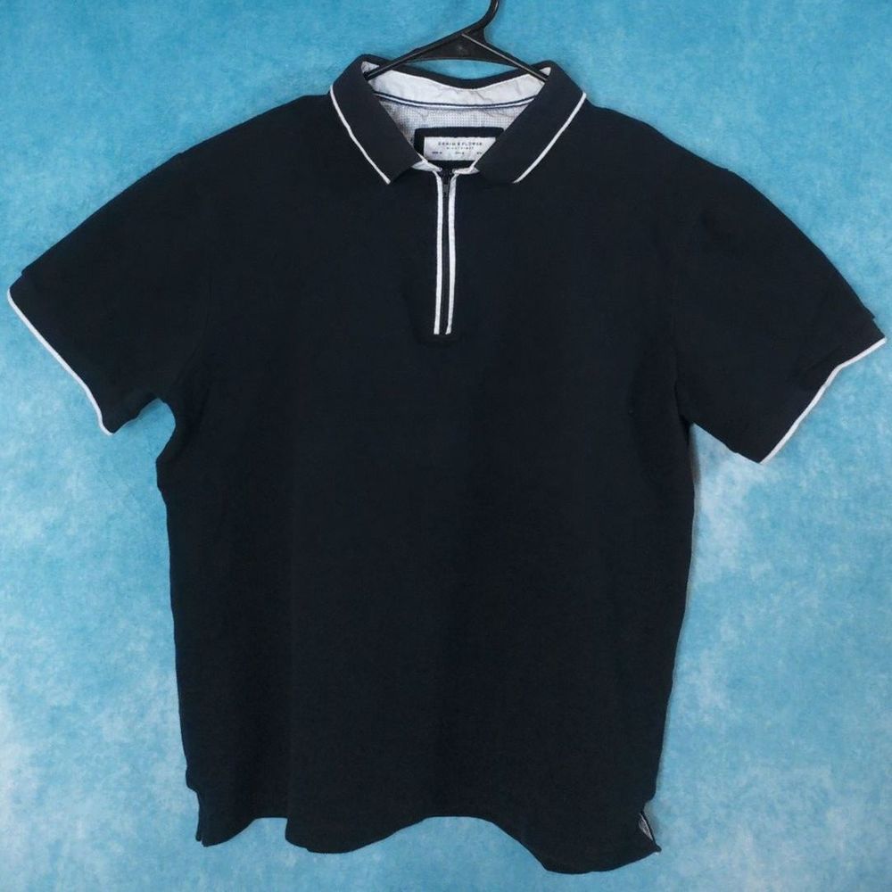 Denim & Flower Ricky Singh 1/4 Zip Short Sleeve Shirt, Men's, Black, Size Medium